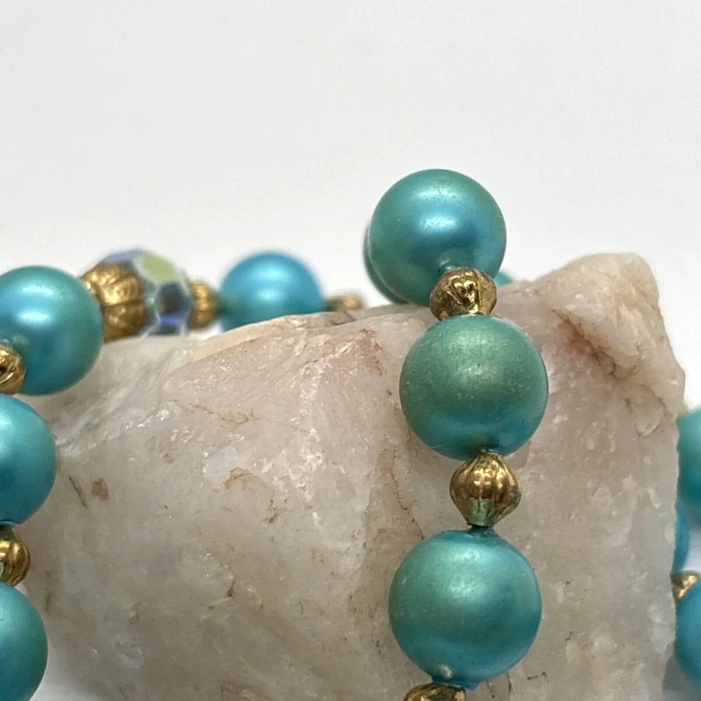 Vintage Aqua Blue Green Plastic Bead 2 Strand Tiered 16'' Necklace 1960s Retro‎